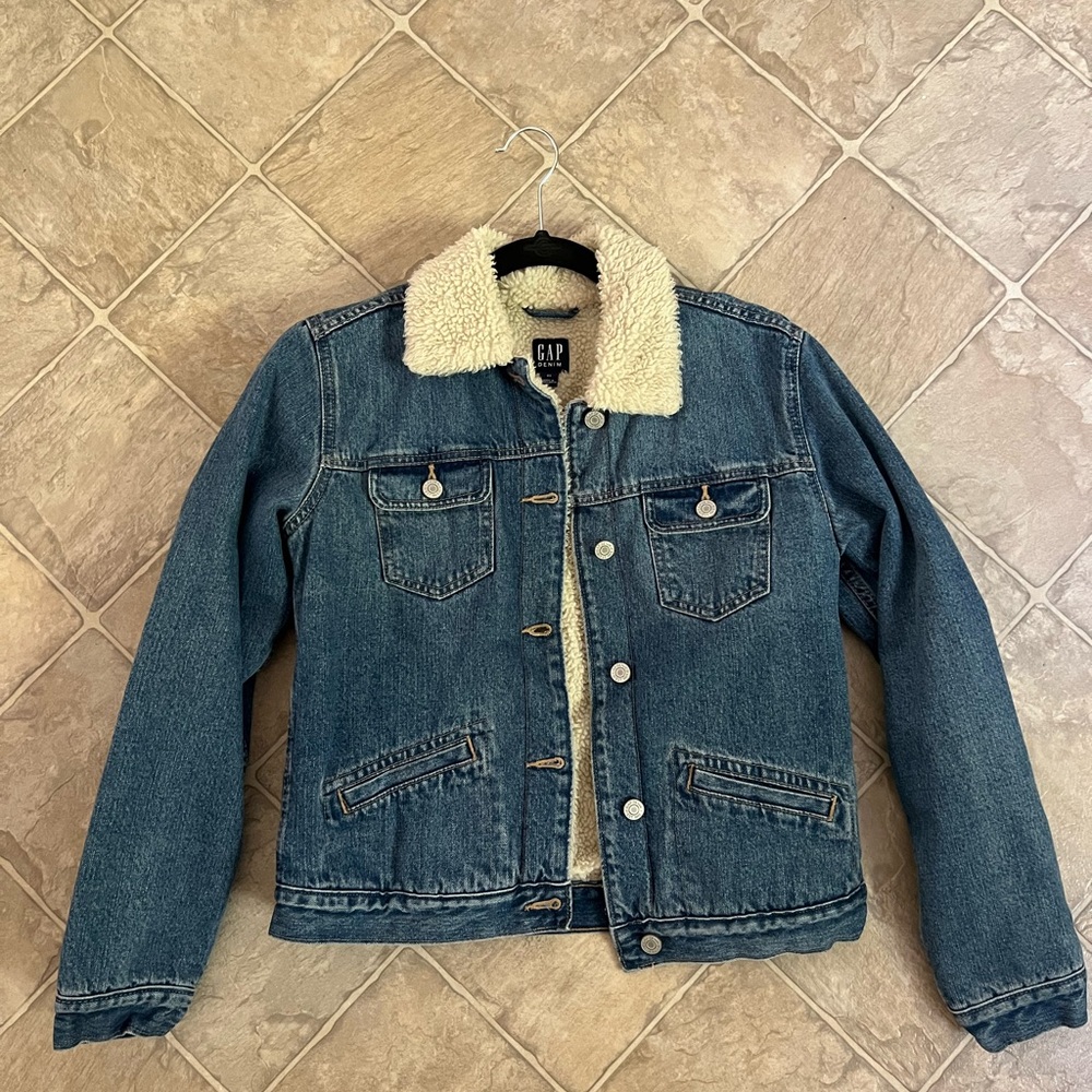 GAP Blue Denim Jacket with Cream Sherpa Collar